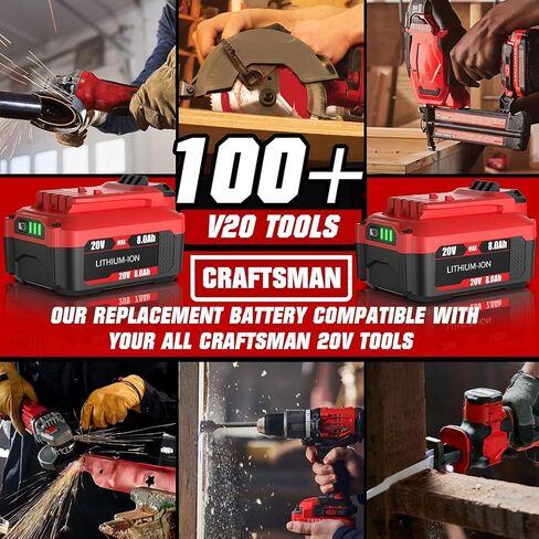 BATTOOL 2Pack 8.0Ah Replacement Craftsman 20V Battery and Charger Set for V20 Series CMCB202 CMCB204 CMCB205 CMCB206 CMCB201 CMCB100 CMCB124 Cordless Tools with CMCB104 Craftsman 20V Battery Charger in Kuwait