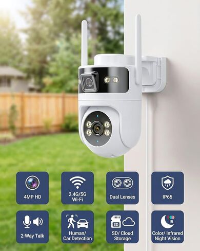 LongPlus Security Camera Outdoor 4MP WiFi Dual-Lens Sync Camera | Dual-Lens Sync, Auto Tracking, AI Person Detection, Siren Alarm, Two-Way Audio, Color Night Vision 65ft in Kuwait