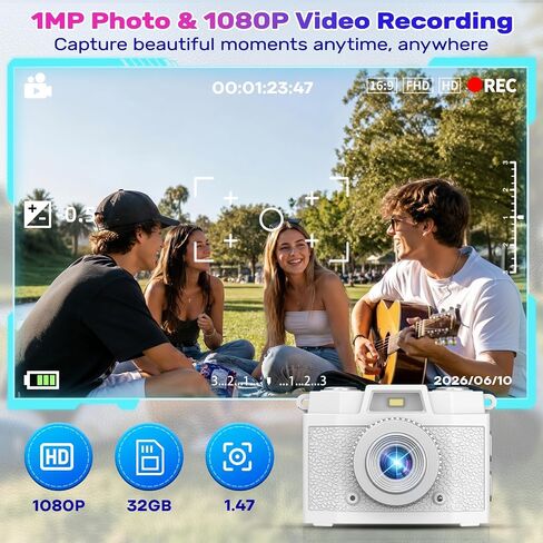 Retro Mini Keychain Digital Camera: 1080P Pocket-Size Video Camera | Built-in Flash and 5 Vintage Filters, with 32GB Card, 1.47’’ HD Display, USB-C Rechargeable, for Teens Y2K Travel Party Vlog in Kuwait