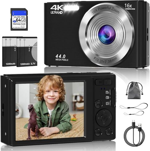 Digital Camera, FHD 4K 44MP Digital Camera, 16X Digital Zoom, Digital Point and Shoot Camera with 3-LED Fill Lights, 64GB SD Card, Compact Camera for Kids Teen Boys Girls, Black in Kuwait