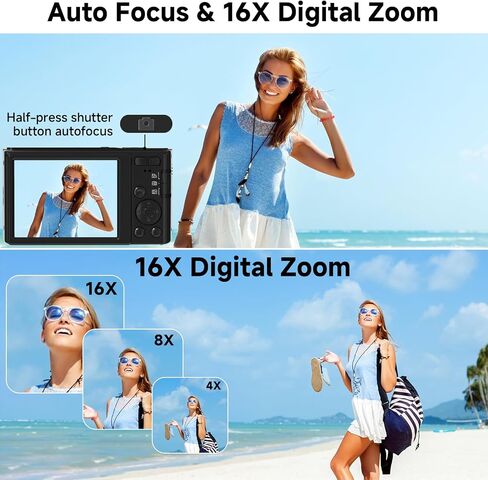 Digital Camera, FHD 4K 44MP Digital Camera, 16X Digital Zoom, Digital Point and Shoot Camera with 3-LED Fill Lights, 64GB SD Card, Compact Camera for Kids Teen Boys Girls, Black in Kuwait