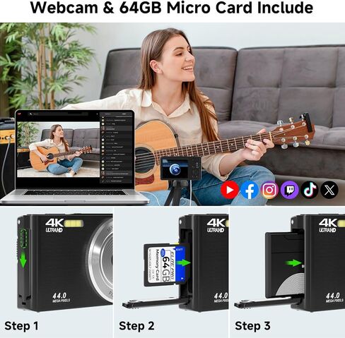 Digital Camera, FHD 4K 44MP Digital Camera, 16X Digital Zoom, Digital Point and Shoot Camera with 3-LED Fill Lights, 64GB SD Card, Compact Camera for Kids Teen Boys Girls, Black in Kuwait