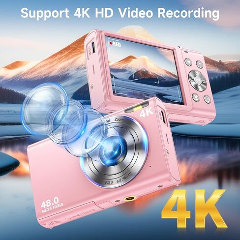 4K Digital Camera, 16X Digital Zoom, Autofocus 48MP Vlogging Camera, Pink | Compact Point and Shoot Portable Digital Camera for Teens, Adults, and Beginners with 32GB Card, 2 Batteries, Lanyard in Kuwait