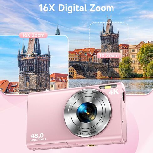 4K Digital Camera, 16X Digital Zoom, Autofocus 48MP Vlogging Camera, Pink | Compact Point and Shoot Portable Digital Camera for Teens, Adults, and Beginners with 32GB Card, 2 Batteries, Lanyard in Kuwait