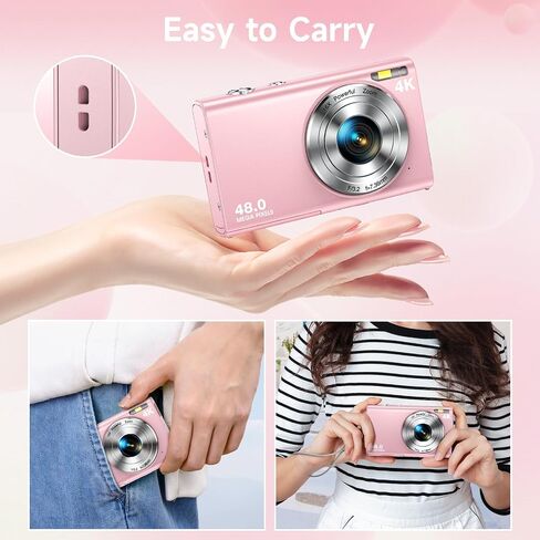 4K Digital Camera, 16X Digital Zoom, Autofocus 48MP Vlogging Camera, Pink | Compact Point and Shoot Portable Digital Camera for Teens, Adults, and Beginners with 32GB Card, 2 Batteries, Lanyard in Kuwait