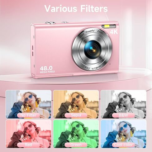 4K Digital Camera, 16X Digital Zoom, Autofocus 48MP Vlogging Camera, Pink | Compact Point and Shoot Portable Digital Camera for Teens, Adults, and Beginners with 32GB Card, 2 Batteries, Lanyard in Kuwait