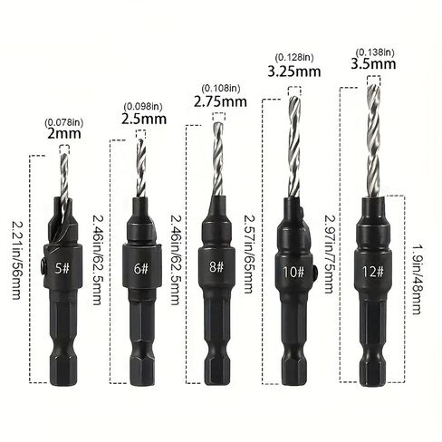 5-Piece Woodworking Drill Bits with Counter Sink, Hex Shank HSS Pilot Hole Reamer Set #5-12 with Wrench for Carpentry Furniture Project in Kuwait