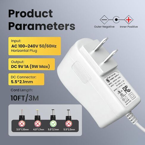 UL 9V 1A Horizontal 10FT/3M Power Supply Adapter for Tapo, 20AWG Replacement 9W 1000mA 0.6A 600mA AC/DC Cord for C200, C210, C100, C310, C320WS, and More Devices in Kuwait