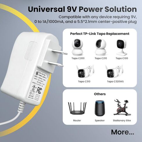 UL 9V 1A Horizontal 10FT/3M Power Supply Adapter for Tapo, 20AWG Replacement 9W 1000mA 0.6A 600mA AC/DC Cord for C200, C210, C100, C310, C320WS, and More Devices in Kuwait