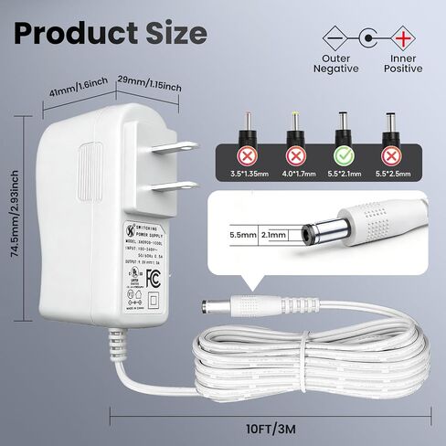 UL 9V 1A Horizontal 10FT/3M Power Supply Adapter for Tapo, 20AWG Replacement 9W 1000mA 0.6A 600mA AC/DC Cord for C200, C210, C100, C310, C320WS, and More Devices in Kuwait