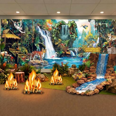 Frienda 18 x 6 ft Rainforest Falls Backdrop Decoration Extra Large 2026 VBS Backdrop Forest Animal Cabin Rainforest Waterfall Background for Home Photography Studio Vbs Photobooth Prop Decoration in Kuwait