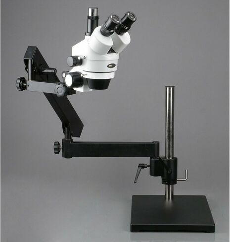 AmScope SM-7TX-FRL Professional Trinocular Stereo Zoom Microscope, WH10x | 3.5X-45X Magnification Range 76mm Stereo Microscope Holder Ring 360° Multi-Axis Head Rotation Includes 0.5X Barlow in Kuwait