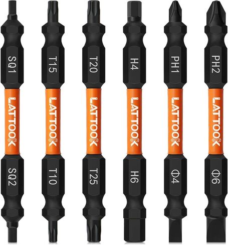 Impact Double End Screwdriver Bit Set | LATTOOK 6PCS Hex Torx Phillips Slotted Square Power Driver Bits, Magnetic S2 Steel Two Sides Screwdriver Bits Set in Kuwait