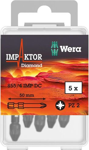 Wera - 5057661001 855/4 Diamond Coated Impaktor Screwdriver Bits for PZ 2 Pozidriv Screws, Pack of 5 in Kuwait