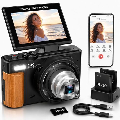 5K Digital Camera for Photography, 80MP Vlogging Camera for YouTube | 3" 180° Flip Screen, 12X Optical Zoom WiFi, Beauty Filter & Autofocus Point and Shoot Camera with 16G SD Card for Beginner in Kuwait