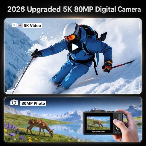 5K Digital Camera for Photography, 80MP Vlogging Camera for YouTube | 3" 180° Flip Screen, 12X Optical Zoom WiFi, Beauty Filter & Autofocus Point and Shoot Camera with 16G SD Card for Beginner in Kuwait