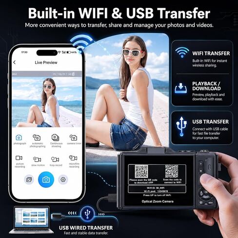 5K Digital Camera for Photography, 80MP Vlogging Camera for YouTube | 3" 180° Flip Screen, 12X Optical Zoom WiFi, Beauty Filter & Autofocus Point and Shoot Camera with 16G SD Card for Beginner in Kuwait