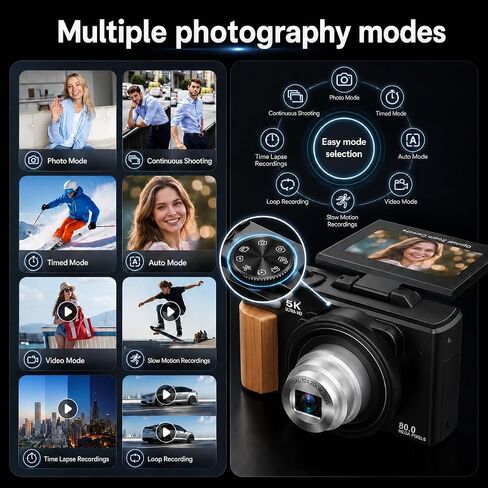 5K Digital Camera for Photography, 80MP Vlogging Camera for YouTube | 3" 180° Flip Screen, 12X Optical Zoom WiFi, Beauty Filter & Autofocus Point and Shoot Camera with 16G SD Card for Beginner in Kuwait