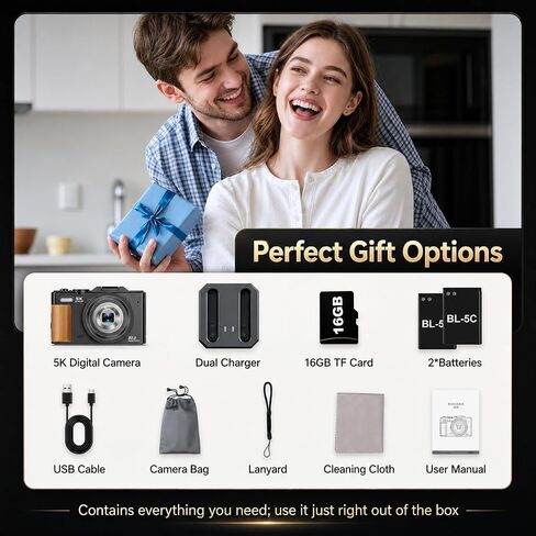 5K Digital Camera for Photography, 80MP Vlogging Camera for YouTube | 3" 180° Flip Screen, 12X Optical Zoom WiFi, Beauty Filter & Autofocus Point and Shoot Camera with 16G SD Card for Beginner in Kuwait
