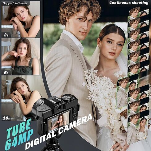 8K Digital Camera 64MP with WiFi & 180° Flip Screen, F1.8 Lens 16X Zoom Vlogging Camera for YouTube, Dual Battery 200Mins Recording, External Mic, 64GB TF Card for Beginners Travel (Black) in Kuwait