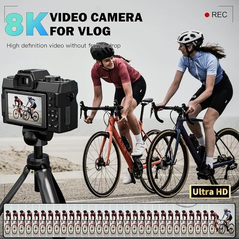 8K Digital Camera 64MP with WiFi & 180° Flip Screen, F1.8 Lens 16X Zoom Vlogging Camera for YouTube, Dual Battery 200Mins Recording, External Mic, 64GB TF Card for Beginners Travel (Black) in Kuwait