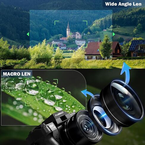8K Digital Camera 64MP with WiFi & 180° Flip Screen, F1.8 Lens 16X Zoom Vlogging Camera for YouTube, Dual Battery 200Mins Recording, External Mic, 64GB TF Card for Beginners Travel (Black) in Kuwait