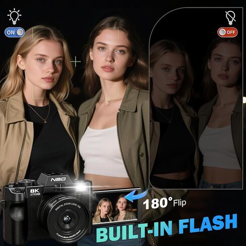 8K Digital Camera 64MP with WiFi & 180° Flip Screen, F1.8 Lens 16X Zoom Vlogging Camera for YouTube, Dual Battery 200Mins Recording, External Mic, 64GB TF Card for Beginners Travel (Black) in Kuwait