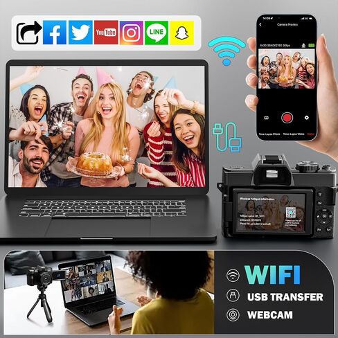 8K Digital Camera 64MP with WiFi & 180° Flip Screen, F1.8 Lens 16X Zoom Vlogging Camera for YouTube, Dual Battery 200Mins Recording, External Mic, 64GB TF Card for Beginners Travel (Black) in Kuwait