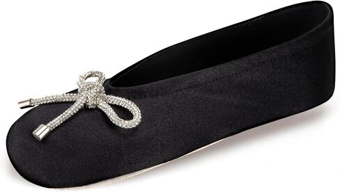 isotoner Women's Classic Stretch Satin Ballerina Slippers with Bow Tie and Leather Sole, Black, 9.5-10.5 in Kuwait
