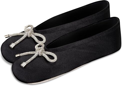 isotoner Women's Classic Stretch Satin Ballerina Slippers with Bow Tie and Leather Sole, Black, 9.5-10.5 in Kuwait