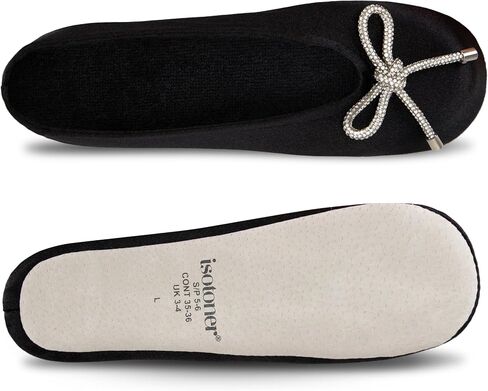 isotoner Women's Classic Stretch Satin Ballerina Slippers with Bow Tie and Leather Sole, Black, 9.5-10.5 in Kuwait