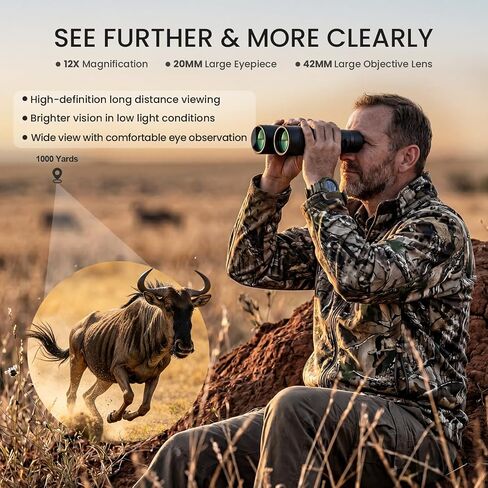 12x42 High Powered Binoculars for Adults, IPX7 Waterproof Long Range | HD Optical Imaging, BAK4 Prism, Lightweight Durable Aluminum Alloy Body, Ideal for Bird Watching, Hunting & Cruise Ship in Kuwait
