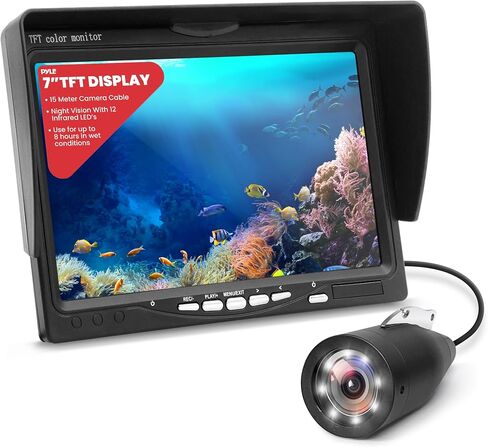 Pyle, Underwater Fishing Camera, LCD Monitor, Night Vision, 7-inch TFT, IP68 Water Resistant, Infrared LED, Removable Sun-Visor, 12V Li-ion Battery, 4500 mAh, Waterproof Suitcase, 50m Cable in Kuwait