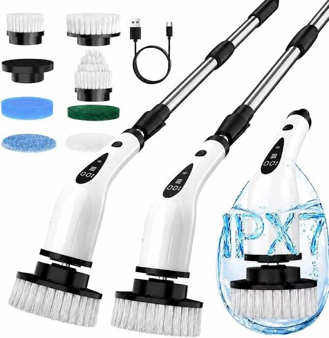 Electric Spin Scrubber, 3-Speed Flat End Brush with 8 Brush Heads & Base, IPX7 Waterproof, Adjustable Long Handle, Digital Display, 2500mAh Fast Charging, for Bathroom, Tub, Tile, Floor in Kuwait