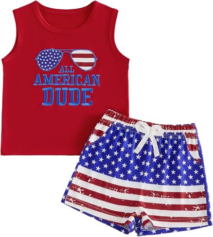 Little Boys 4th of July Outfits Adorable Letter Embroidery Sleeveless Round Neck Tank Tops and Shorts Set in Kuwait