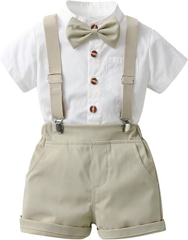 Toddler Baby Boy Summer Outfits Gentleman Short Sleeve Bowknot Button Down | Shirt Suspender Short Sets with Pockets in Kuwait