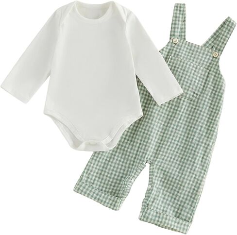 Newborn Baby Boy Clothes Fall/Winter Outfits Solid Long Sleeve Romper Plaid Suspender Pants Infant Overalls Set Hat in Kuwait