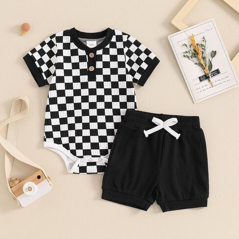MA&BABY Newborn Baby Boy Girl Clothes 3 6 9 12 18 Months Ribbed Knit Short Sleeve Romper Shorts Set Infant Summer Outfits (Checkered- Black, 12-18 Months) in Kuwait