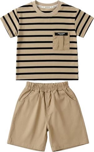 JQT Toddler Boy 2-Piece Summer Outfit, Striped Short Sleeve Pocket T-Shirt with Khaki Shorts Set in Kuwait
