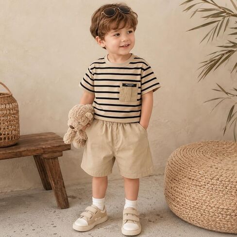 JQT Toddler Boy 2-Piece Summer Outfit, Striped Short Sleeve Pocket T-Shirt with Khaki Shorts Set in Kuwait