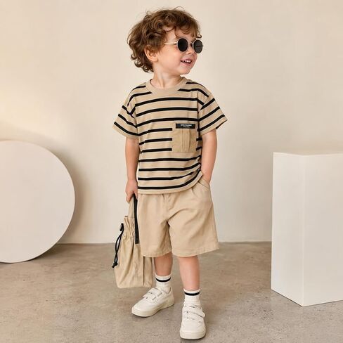JQT Toddler Boy 2-Piece Summer Outfit, Striped Short Sleeve Pocket T-Shirt with Khaki Shorts Set in Kuwait