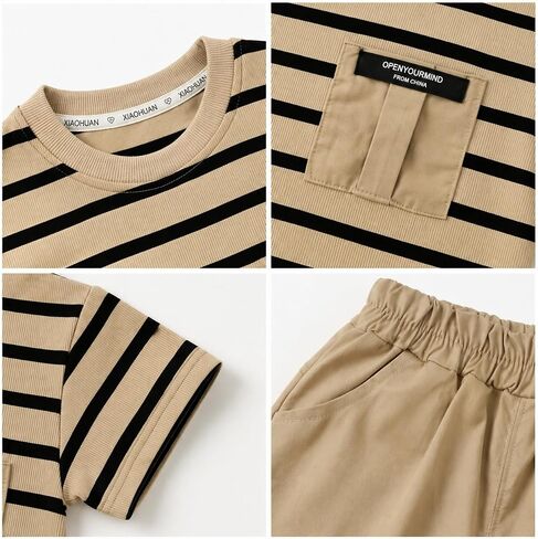 JQT Toddler Boy 2-Piece Summer Outfit, Striped Short Sleeve Pocket T-Shirt with Khaki Shorts Set in Kuwait