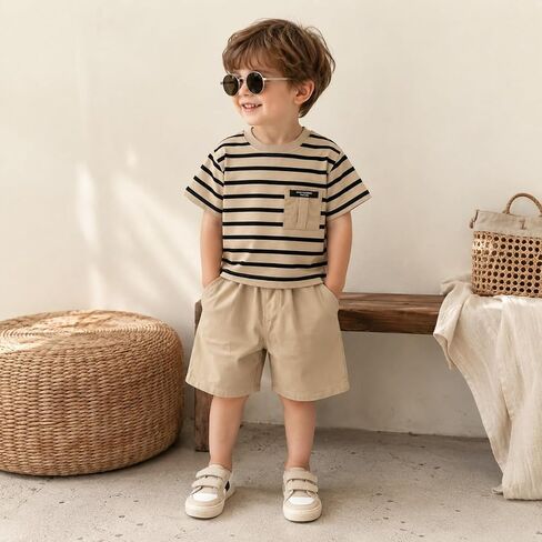 JQT Toddler Boy 2-Piece Summer Outfit, Striped Short Sleeve Pocket T-Shirt with Khaki Shorts Set in Kuwait