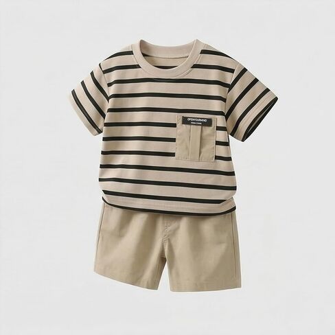 JQT Toddler Boy 2-Piece Summer Outfit, Striped Short Sleeve Pocket T-Shirt with Khaki Shorts Set in Kuwait