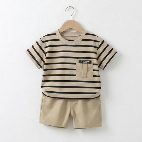 JQT Toddler Boy 2-Piece Summer Outfit, Striped Short Sleeve Pocket T-Shirt with Khaki Shorts Set in Kuwait