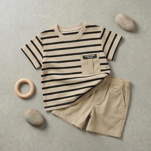 JQT Toddler Boy 2-Piece Summer Outfit, Striped Short Sleeve Pocket T-Shirt with Khaki Shorts Set in Kuwait