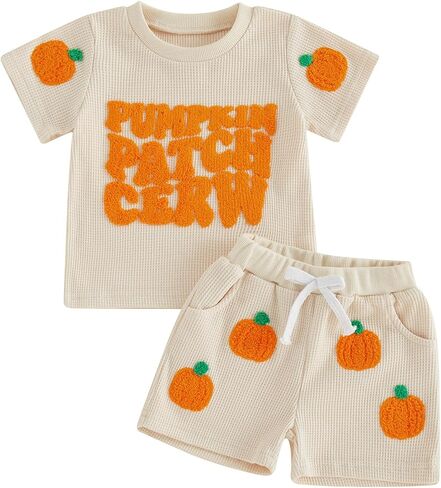 Toddler Boy Halloween Outfit Pumpkim Embroidery Shirt Top Plaid Shorts Set | Toddler Baby Boy Halloween Outfit Short Sleeve Crew Neck Pumpkim Waffle Tshirt Top Elastic Shorts Set Infant 2Pcs Clothes in Kuwait