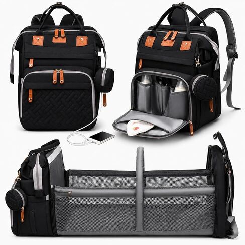 Diaper Bag Backpack with Changing Station, Large Diaper Bag For Boys And Girls, Multifunctional Waterproof Travel Diaper Backpack, Baby Bag with USB Charging Port for Moms Dads,black in Kuwait