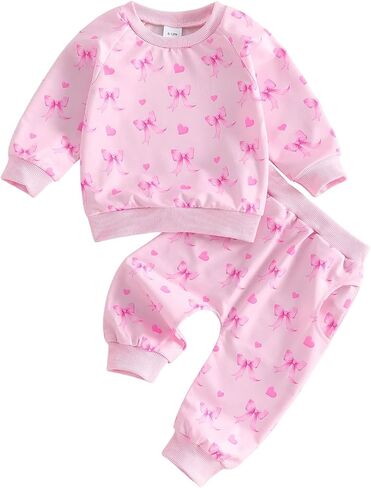 Kuriozud Toddler Baby Girl Outfit Clothes Fall Winter Bows Hearts Long Sleeve Sweatshirt Pullover Top and Pants Set in Kuwait