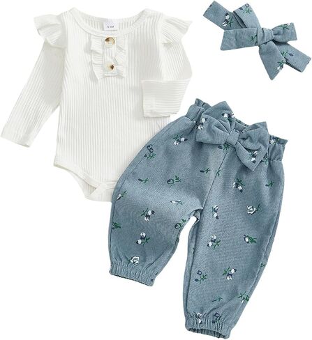 Rtnnsbbfcm Newborn Baby Girl Clothes Fall Winter Coming Home Outfit Sets | Baby Girl Fall Outfits Daddys Girls Baby Clothes Infant Ruffle Ribbed Knitted Romper Floral Pants and Headband 3Pcs Set in Kuwait